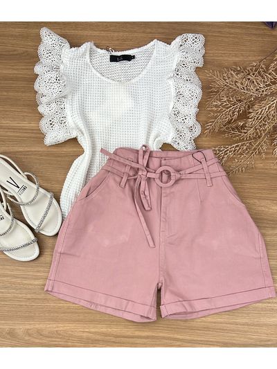 Short Sarja Cenoura Com Cinto Rosê