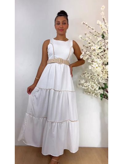 Vestido Longo com Cinto Branco