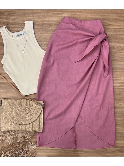 Saia Midi Linho Amarração Rose