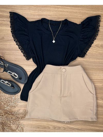 Blusa Manga Babado Guipir Preta