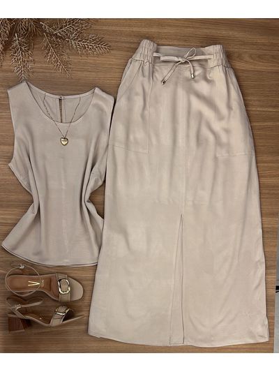 Conjunto Saia Midi Bege