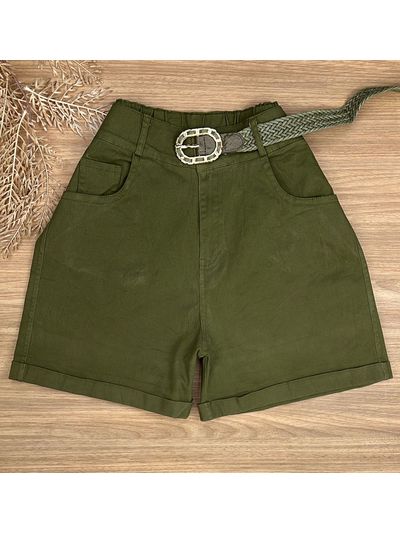 Short Sarja Cenoura Com Cinto Verde Militar