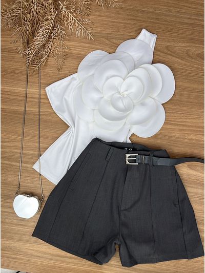 Short Alfaiataria Com Cinto Cinza