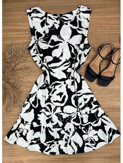 Vestido Curto Linho Estampado Preto