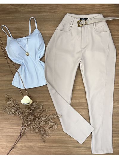 Calça Alfaiataria com Cinto Bege