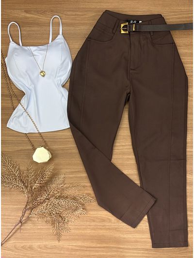 Calça Alfaiataria com Cinto Marrom