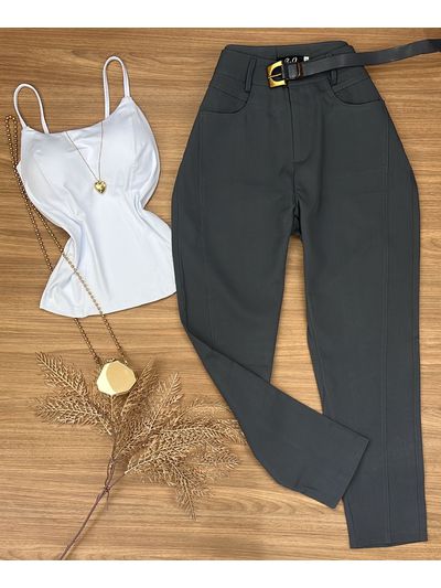 Calça Alfaiataria com Cinto Cinza