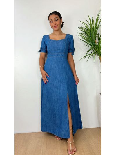 Vestido Longo Jeans com Manga Princesa