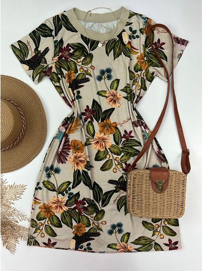 Vestido Estampa Inspiração Com Manga Bege