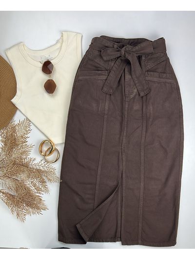 Saia Midi Marrom Clochard com Cinto 