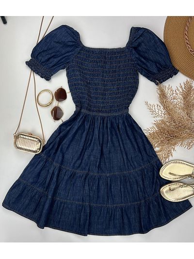 Vestido Curto Jeans com Manga