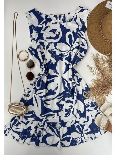 Vestido Curto Linho Estampado Azul