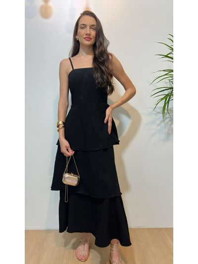 Vestido Midi Camadas com Alça Fina Preto