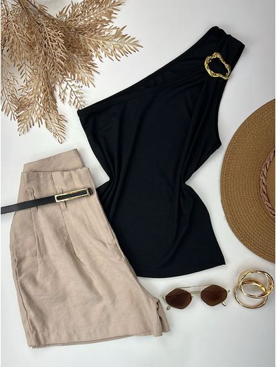 Blusa Canelada Nula manga com Detalhe Fivela Preta