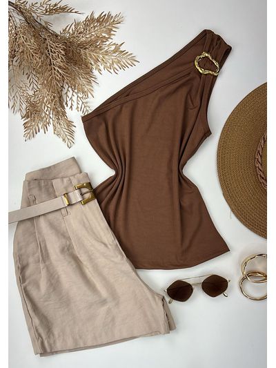 Blusa Canelada Nula manga com Detalhe Fivela Marrom Claro