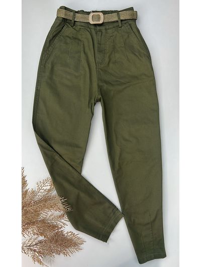 Calça Cenoura Verde Militar com Cinto de Elástico 