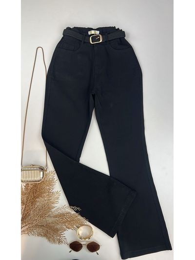 Calça Sarja Flare Com Cinto Preta 