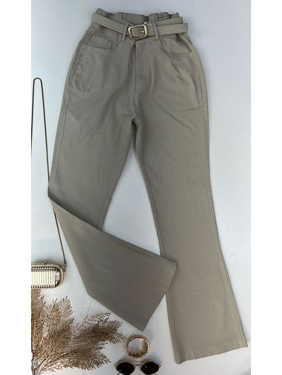 Calça Sarja Flare Com Cinto Bege