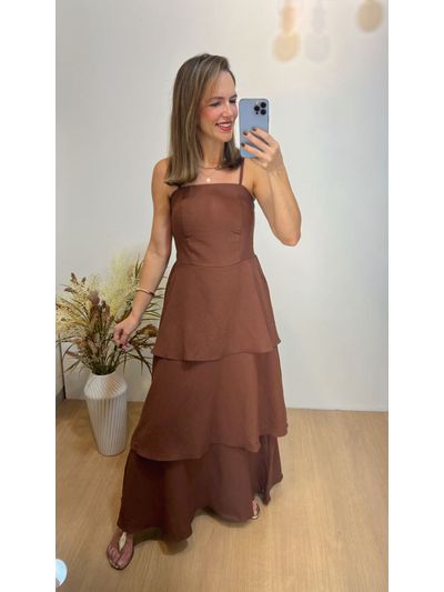 Vestido Midi Camadas com Alça Fina Marrom