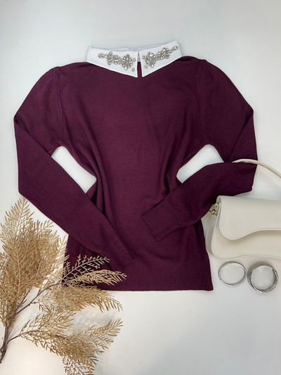 Blusa Tricô Gola Bordada Uva