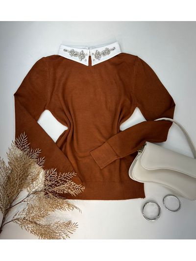 Blusa Tricô Gola Bordada Terra Cota 