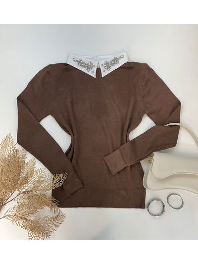 Blusa Tricô Gola Bordada Marrom
