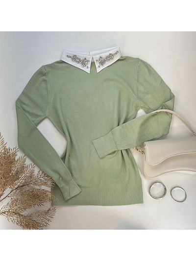 Blusa Tricô Gola Bordada Verde Claro 