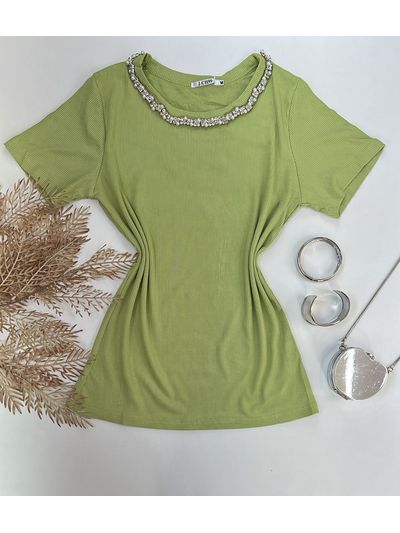 Blusa Canelada Com Aplicação de Pedraria na gola Verde