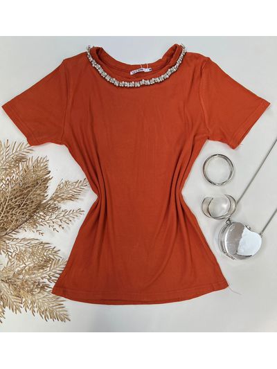 Blusa Canelada Com Aplicação de Pedraria na gola Terra Cota