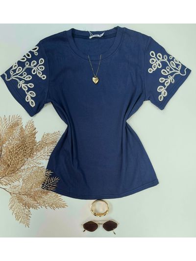 Blusa Manga Bordada Azul Marinho