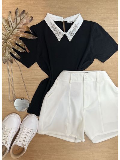 Blusa Gola Polo Com pedrarias Preta 