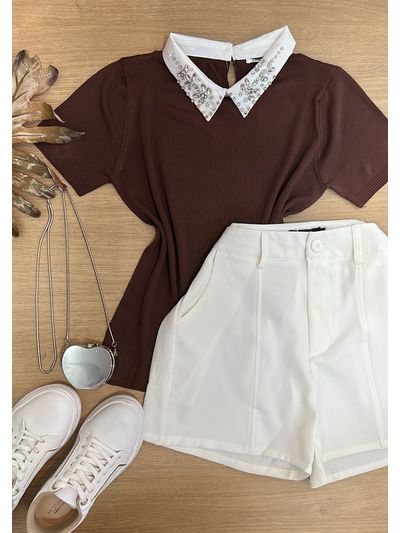 Blusa Gola Polo Com pedrarias Marrom 
