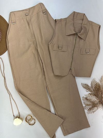 Conjunto Calça e Colete Alfaiataria Com Zíper Bege