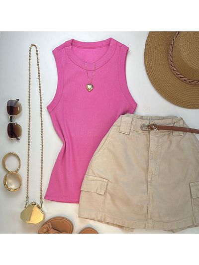 Blusa Regata Canelada Alongada Rosa 