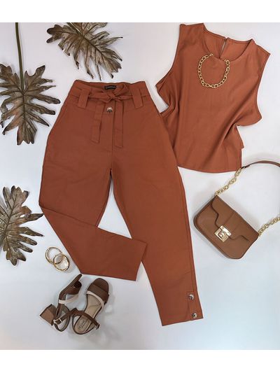 Conjunto Calça e Regata Em Linho Terra Cota 