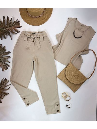 Conjunto Calça e Regata Em Linho Cru 