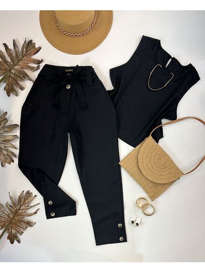 Conjunto Calça e Regata Em Linho Preto 