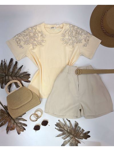 Blusa Manga Bordada Em Strass Amarelo Manteiga