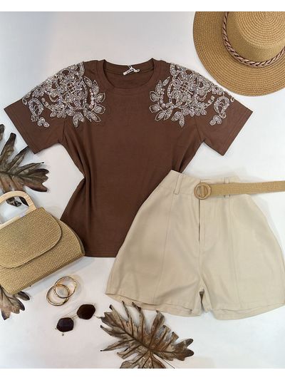 Blusa Manga Bordada Em Strass Marrom 