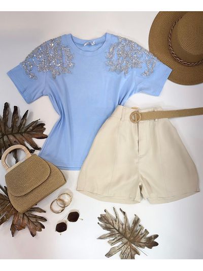 Blusa Manga Bordada Em Strass Azul Copia