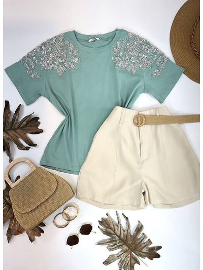 Blusa Manga Bordada Em Strass Verde