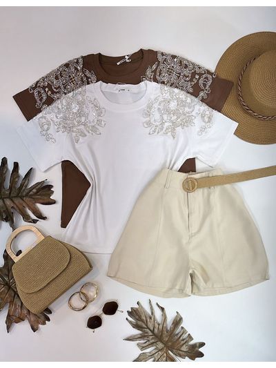 Blusa Manga Bordada Em Strass Branca