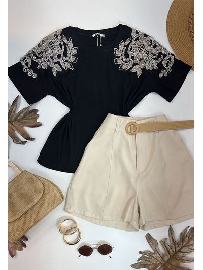 Blusa Manga Bordada Em Strass Preta