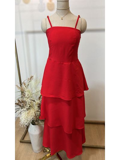 Vestido Midi Camadas com Alça Fina Vermelho
