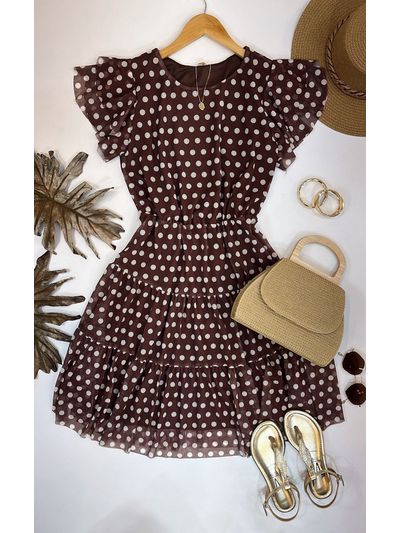 Vestido Tule Poá Marrom 
