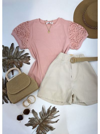 Blusa Manga Bordada Em Guipir Rosa