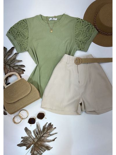 Blusa Manga Bordada Em Guipir Verde