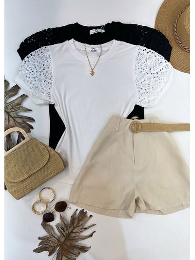 Blusa Manga Bordada Em Guipir Branca 