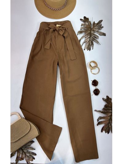 Calça Wide Alfaiataria Amarração Marrom