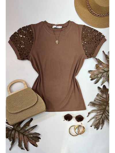 Blusa Manga Bordada Em Guipir Marrom